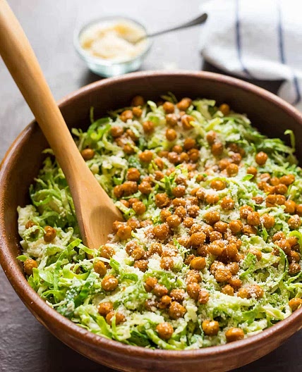 Caesar Shaved Brussels Sprouts Salad with Crispy Chickpea Croutons