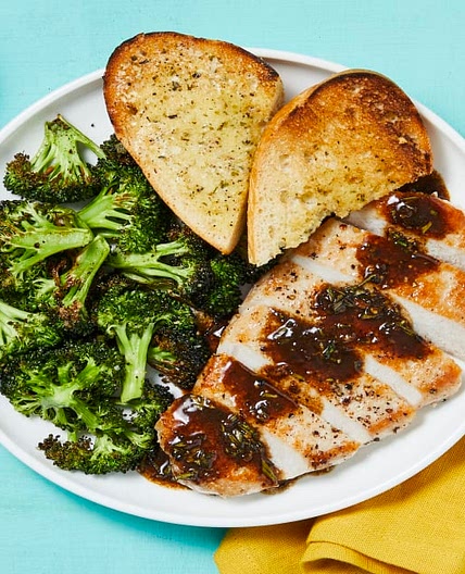 Balsamic Rosemary Pork Chops with Garlic Toast & Broccoli