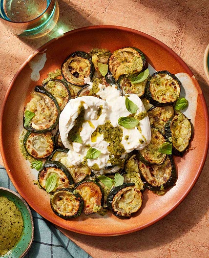 Smashed Zucchini with Pesto & Burrata