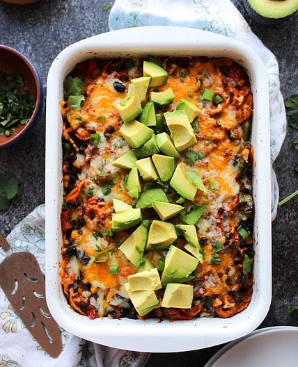 Spiralized Sweet Potato Enchilada Casserole