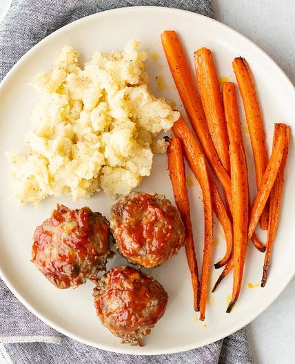 Mini Glazed Meatloaves with Mashed Potatoes & Roasted Carrots