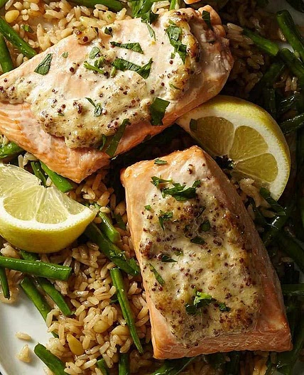 Dijon Salmon with Green Bean Pilaf