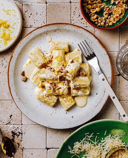 Creamy Lemon Mezzi Rigatoni with Toasted Hazelnuts & Espresso