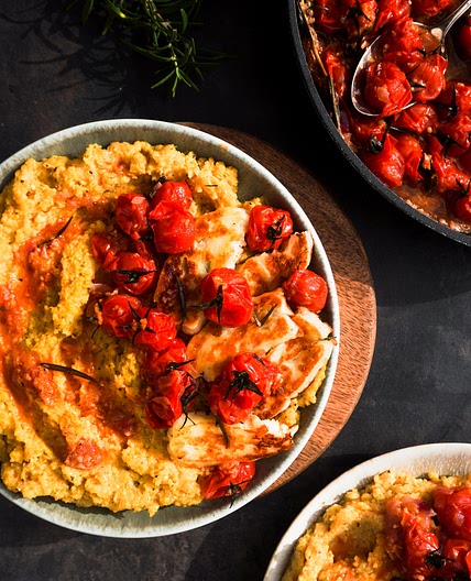 Polenta With Cherry Tomatoes & Fried Halloumi
