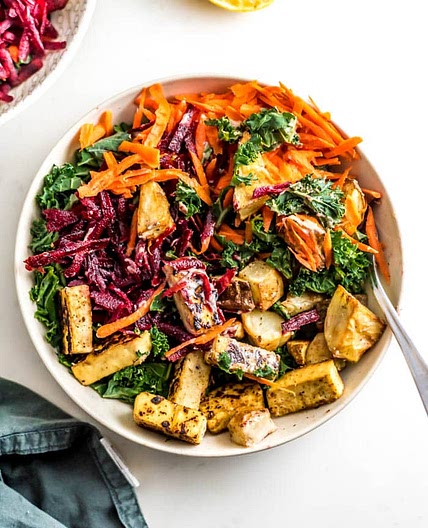 Carrot and Beet Kale Salad with Roasted Potatoes