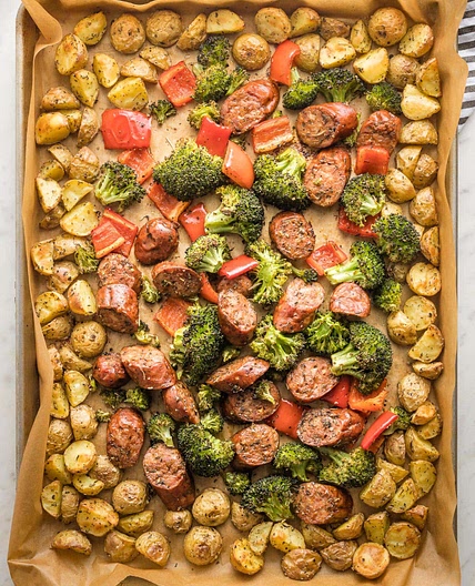 Sheet Pan Chicken Sausage with Broccoli, Peppers, and Potatoes