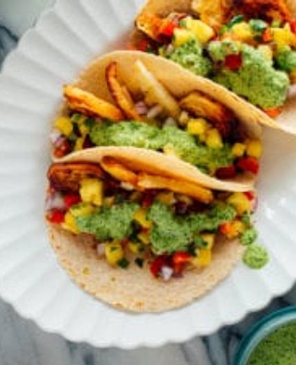 Halloumi Tacos with Pineapple Salsa & Aji Verde