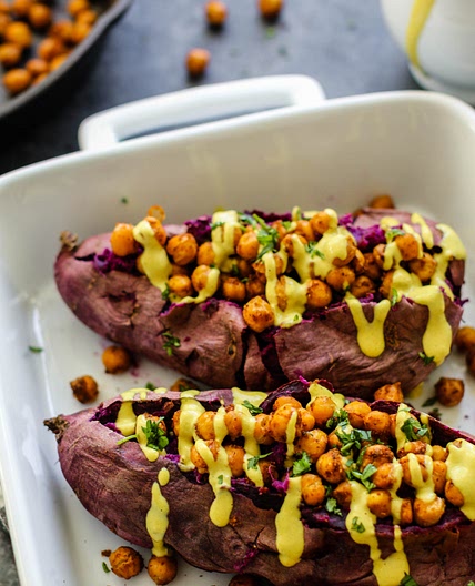 Stuffed Purple Sweet Potatoes with Turmeric Tahini