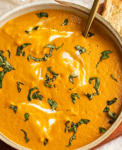 Vegan Creamy Carrot Tomato Soup with Cashews and Basil