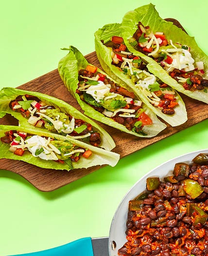 One-Pan Bean & Poblano Lettuce Wraps with Radish Tomato Salsa, Cheese & Guacamole