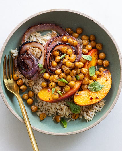 Crispy Chickpea Bowl with Spiced Grilled Peaches & Blackened Red Onions