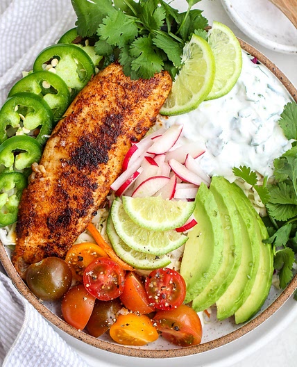 Fish Taco Bowls with Cilantro Lime Cream Sauce