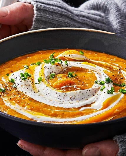 Roast pumpkin soup infused with honey and nutmeg