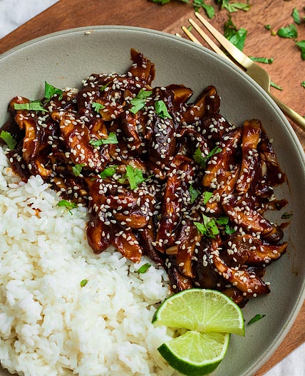 sticky sesame shiitake mushrooms