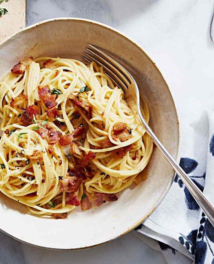 Bacon Pasta With Cheese Sauce and Thyme