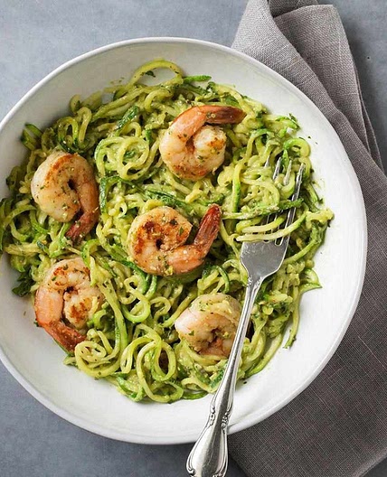 Zucchini Noodles with Avocado Pesto & Shrimp