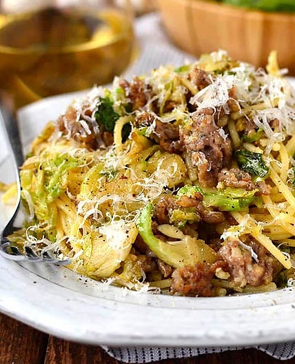 Sausage, Brussels Sprouts and Parmesan Pasta