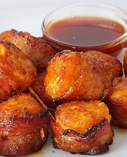 Bacon-Wrapped Tater Tots With Sriracha Honey Glaze