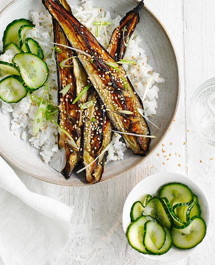 Miso-grilled aubergine & cucumber pickle rice bowl