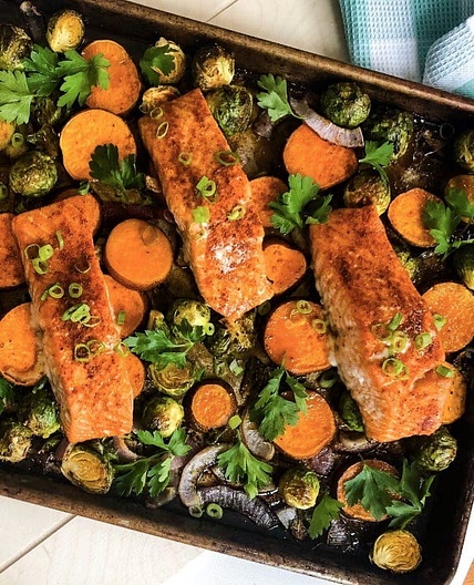 Maple Salmon Sheet Pan Dinner with Sweet Potatoes and Brussels Sprouts
