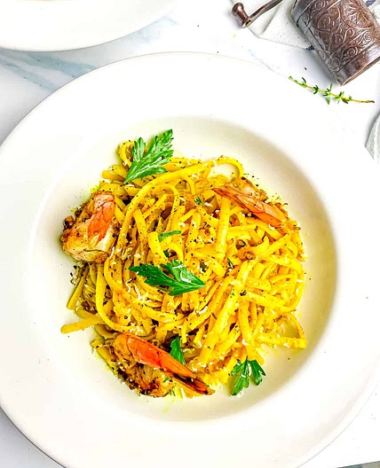 Curry Fettuccine with Jerk Shrimp