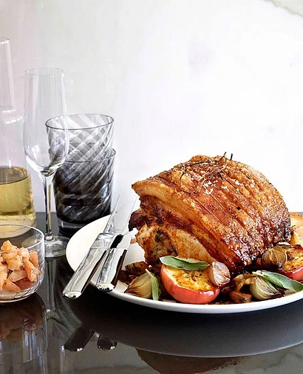 Rolled roast pork loin with apple and chestnuts