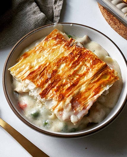 Chicken pot pie with milk poached chicken