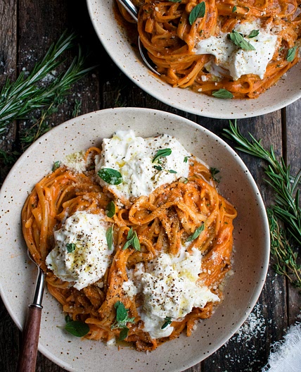 Creamy Red Pepper Pasta with Burrata & Herbs