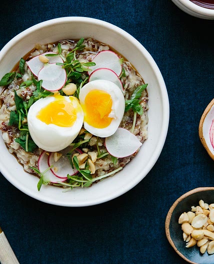 Breakfast Porridge with Soft Egg and Pea Shoots