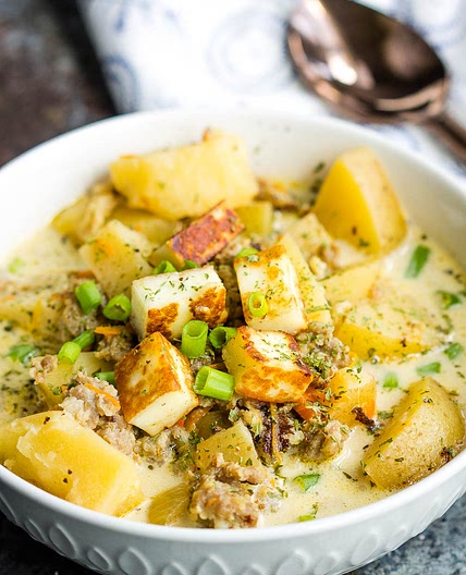 CREAMY SAUSAGE POTATO SOUP WITH TOASTED HALLOUMI