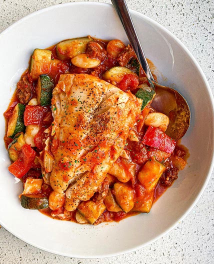 Mediterranean Cod, Chorizo + Butter Bean Stew