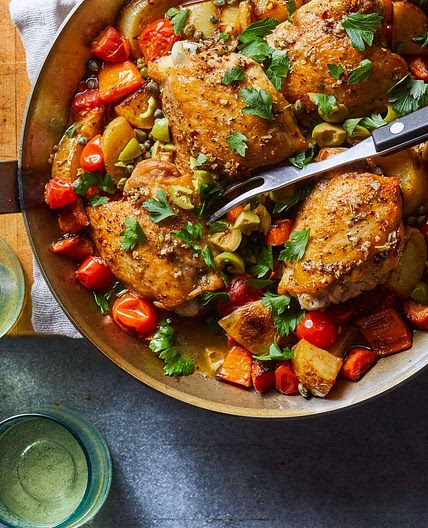 Garlic Chicken Thighs with Olives & Potatoes