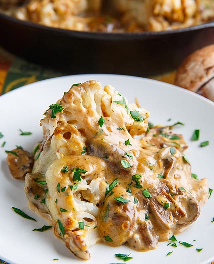 Roast Head of Cauliflower in Creamy Mushroom Sauce