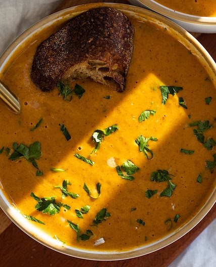 Vegan Creamy Roasted Red Pepper Sweet Potato Soup with Almond Butter