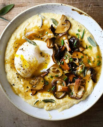 Polenta with beer sautéed mushrooms