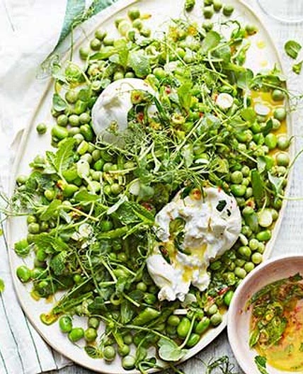 Pea & burrata salad with preserved lemon salsa