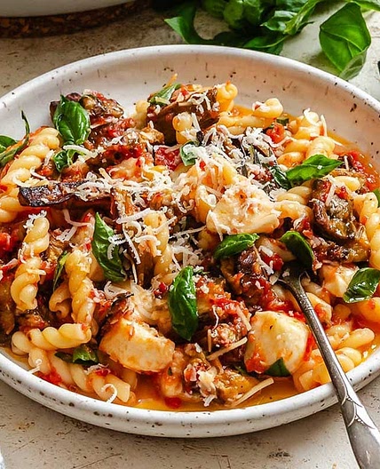 Roasted Eggplant Pasta with Tomatoes and Mozzarella
