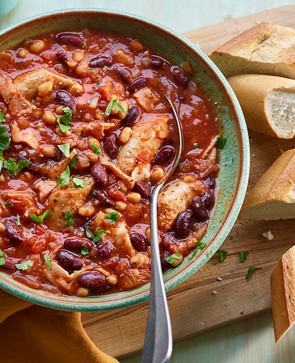 Microwave sausage and bean stew with crusty bread