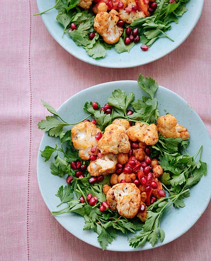 Warm Spiced Cauliflower and Chickpea Salad With Pomegranate Seeds