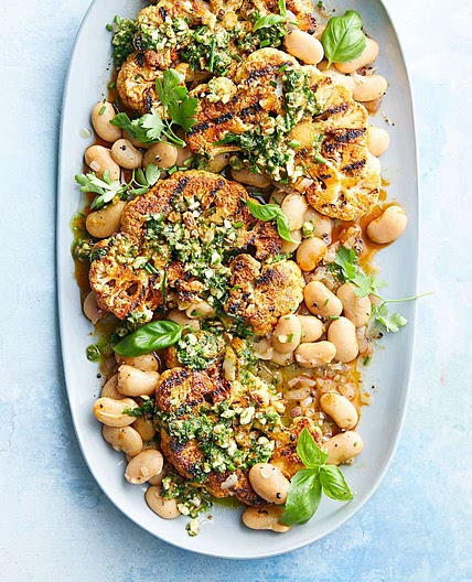 Grilled Cauliflower Steaks with Almond Pesto & Butter Beans