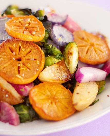 roasted persimmon and asian pear with brussels sprouts and radish