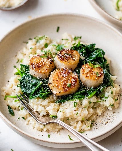 Scallops over Wilted Spinach Parmesan Risotto