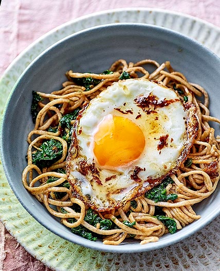 Chilli oil noodles with garlicky greens