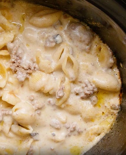 Slow Cooker Creamy Ground Beef and Shells