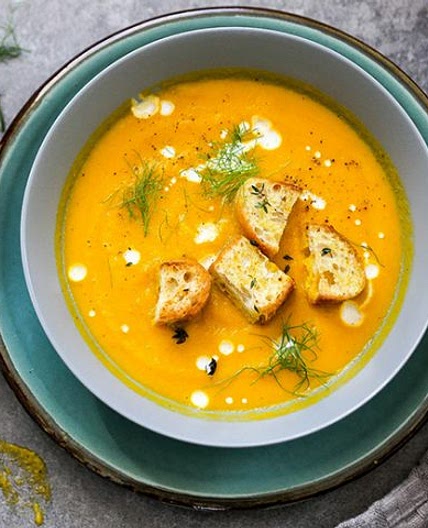 Roasted Carrot and Fennel Soup with Garlic-Thyme Croutons