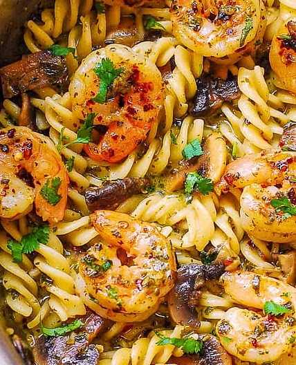 Pesto Shrimp Mushroom Pasta