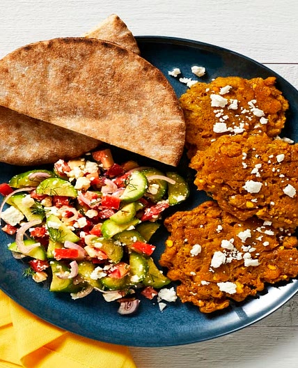 Spiced Chickpea Fritters with Greek Salad, Pita & Garlicky White Sauce