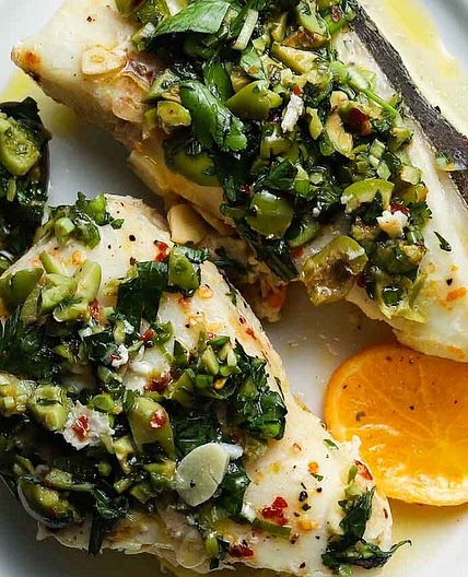 Halibut en Papillote with Green Olive Salsa Verde