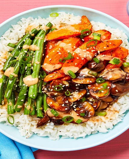 Vegan Firecracker Mushroom Rice Bowls with Roasted Veggies, Scallions & Sesame Seeds