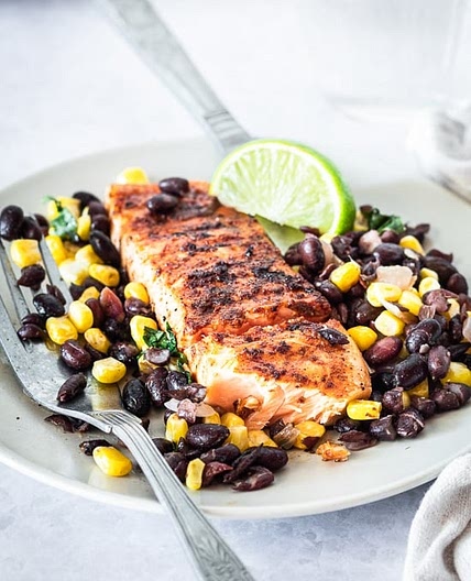 Spiced Rubbed Grilled Salmon with Black Beans Corn Salsa